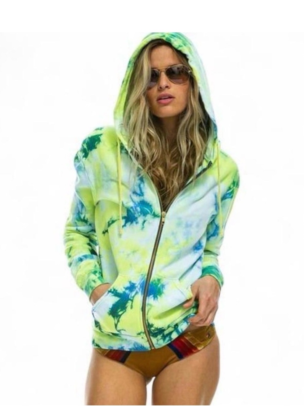 Aviator Nation Lime Green and Blue Tie-Dye Zip Hoodie XS
